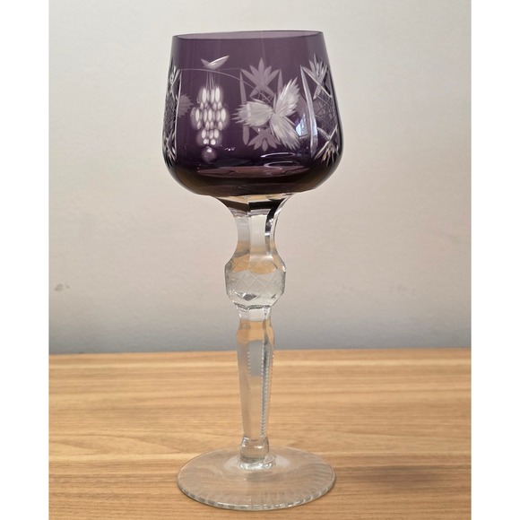 Hortensja Poland Purple Cut to Clear Crystal Hock Wine Glass Etched Drinkware - Picture 1 of 7